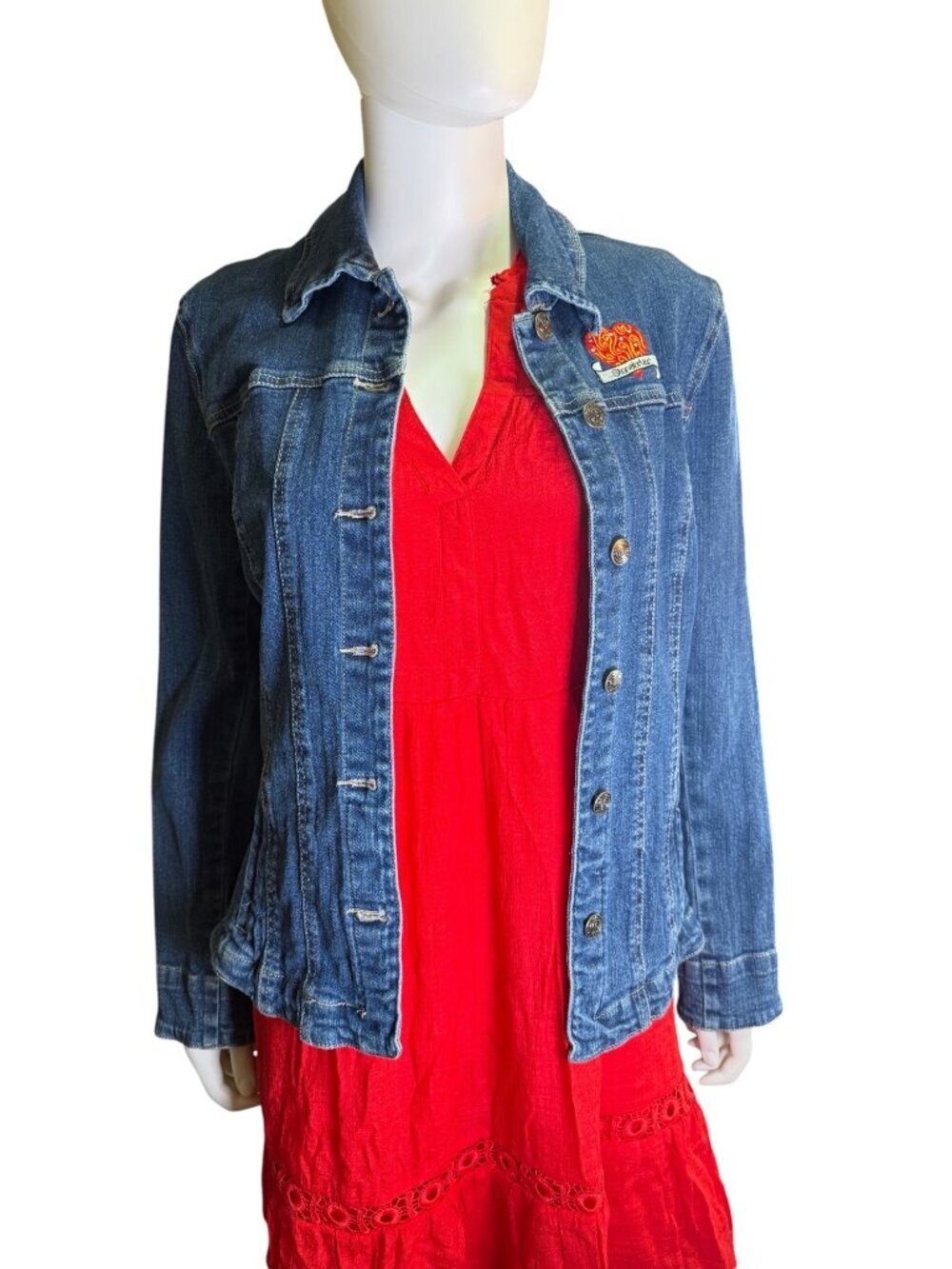Brighton Denim Jacket With Embroidered Heart & Patchwork Back Womens Med EUC